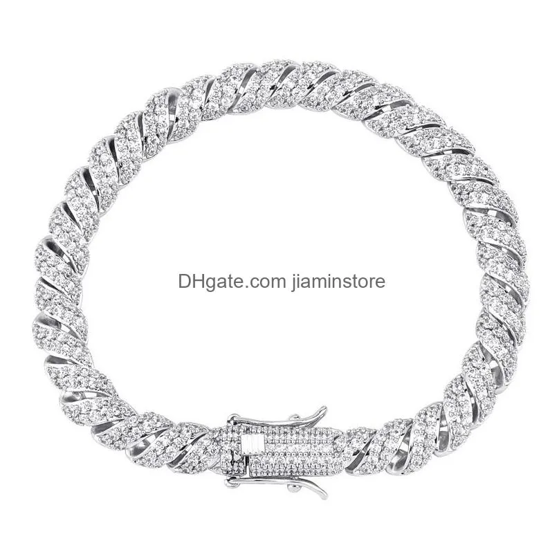 14mm iced out cubic zircon cuban link rope bracelet real plated gold silver color personality hip hop jewelry