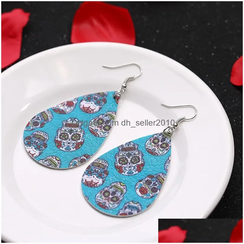 2019 new christmas halloween leather earrings for women girls teardrop pumpkin owl cat witch flowers skull print petal drop earrings