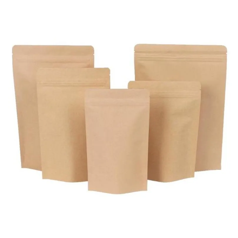 11 sizes brown kraft paper standup bags heat sealable resealable zip pouch inner foil food storage packaging bag with tear notc 4 l2