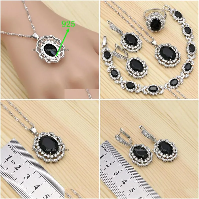 necklace earrings set punk jewelry for girls 925 silver black cubic zirconia white crystal ring bracelet pendant sets