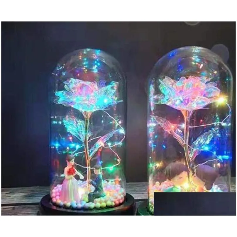 2020 led enchanted galaxy rose eternal 24k gold foil flower with fairy string lights in dome for christmas valentines day gift 204 v2