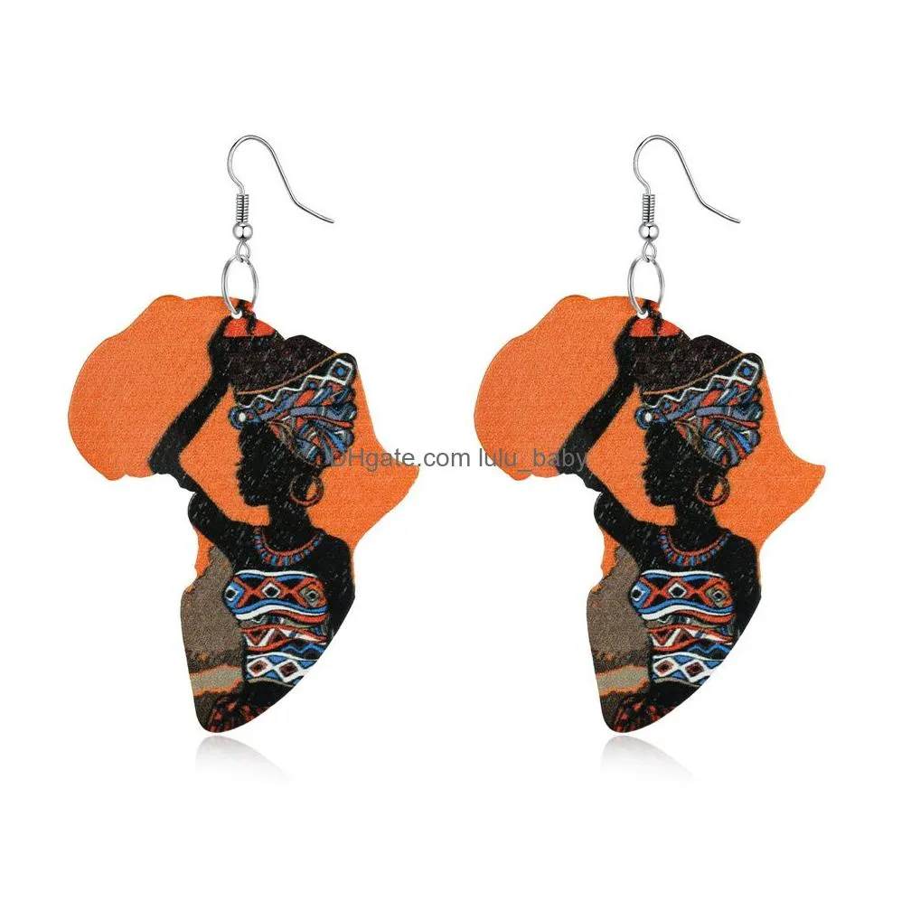 european and american creative africa map round colorful dangle earrings sliver hooks retro wood drop earrings unique design fashion jewelry