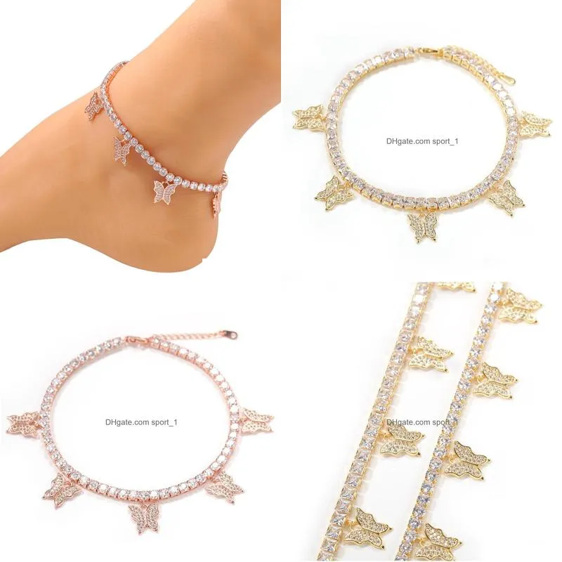 hip hop copper micro pave cz iced out tennis anklets bracelet chain with 9inch adjustable small butterfly ankle punk  cuban link