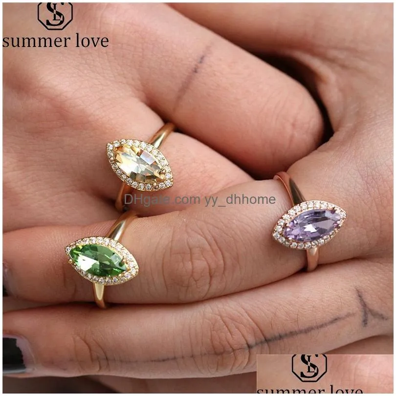  trendy olive shape rings 3 colors for women yellow purple green high quality engagement zircon rings wedding jewelry accessories