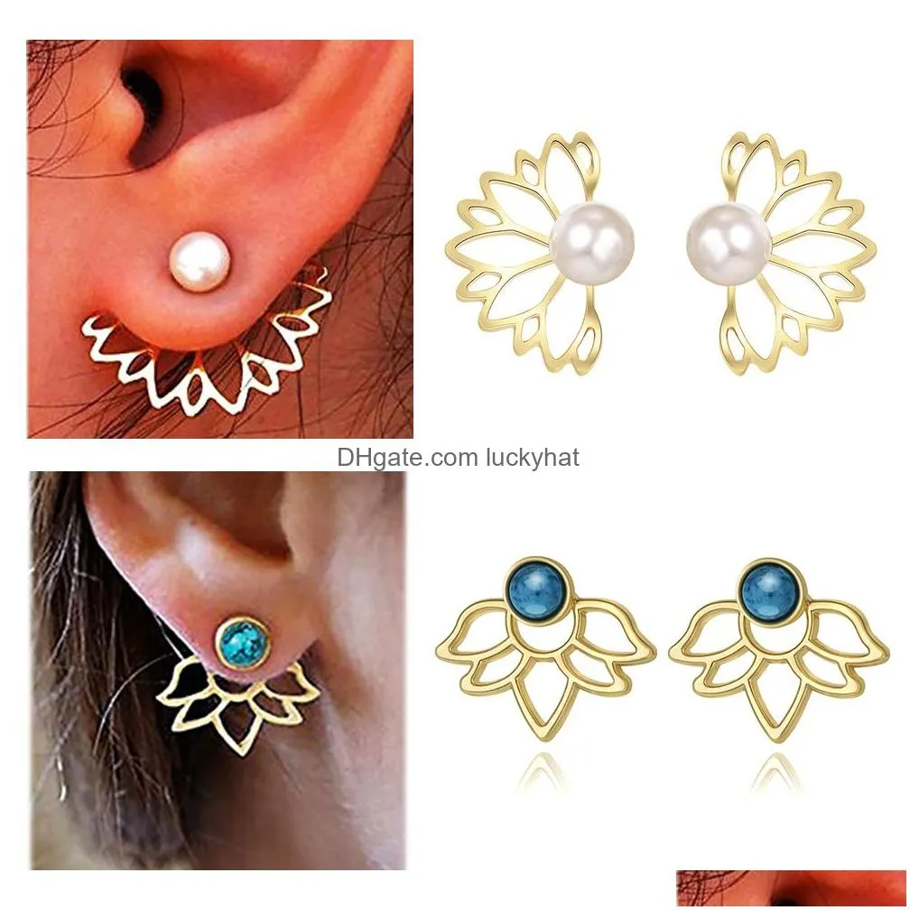  turquoise pearl lotus teardrop stud earring for women unique designer detachable elegant silver plating pearl earring jewelry
