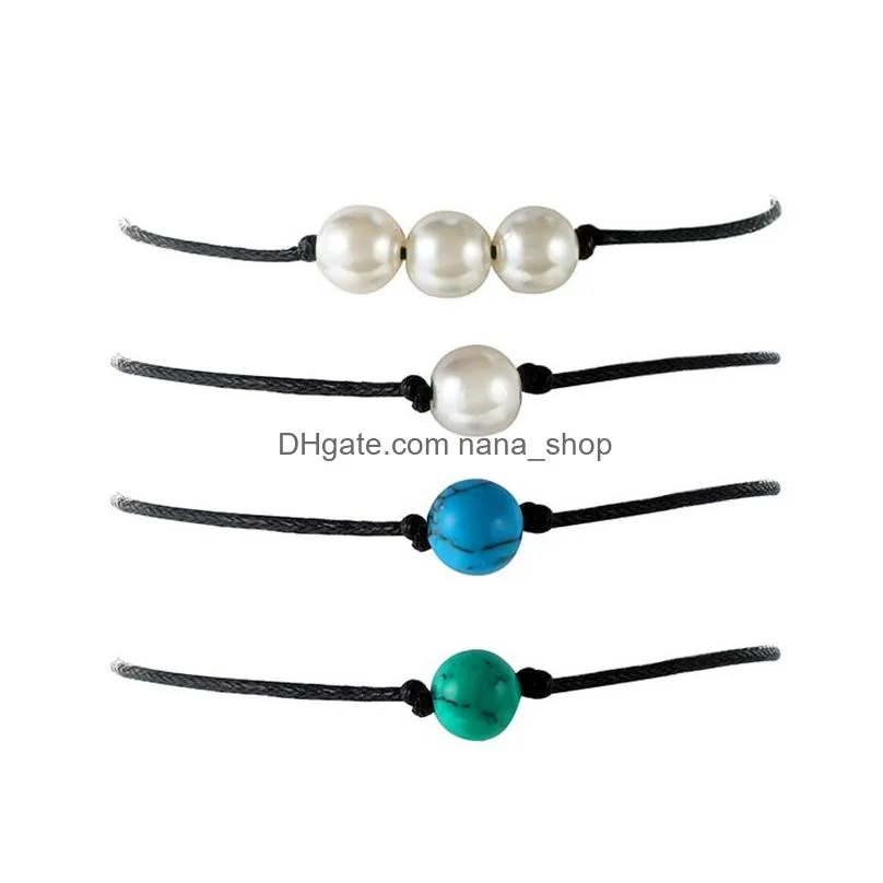 4pcs/set 2019 new pearl blue green white turquoise anklet for women bohemian handmade woven wax rope anklet adjustable bracelet