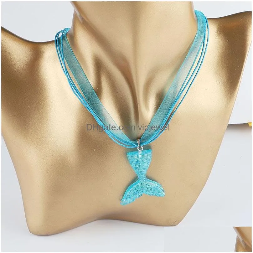 fashion ribbon wax rope necklaces for women creative gradient mermaid fish tail pendant charm clavicle chain party wedding jewelry