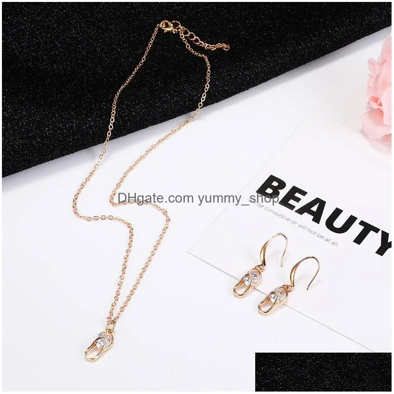  owl dancer love slippers geometric pendant chain necklece earring set for women girl gold silver zircon dangle earring necklece