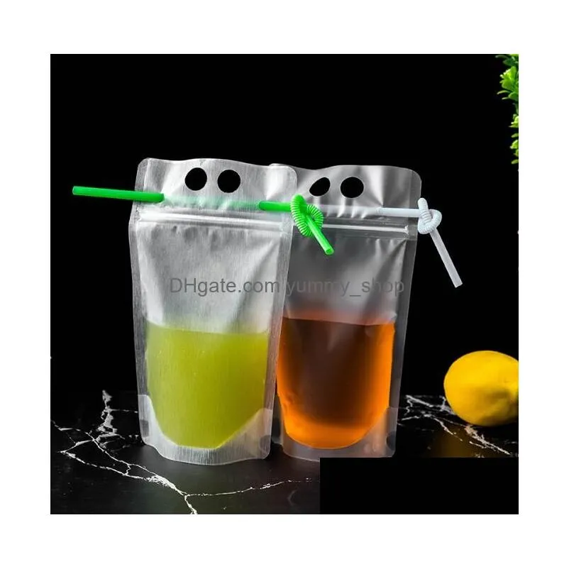 200pcs clear drink pouches bags frosted zipper standup plastic drinking bag with straw and holder reclosable heatproof 17oz