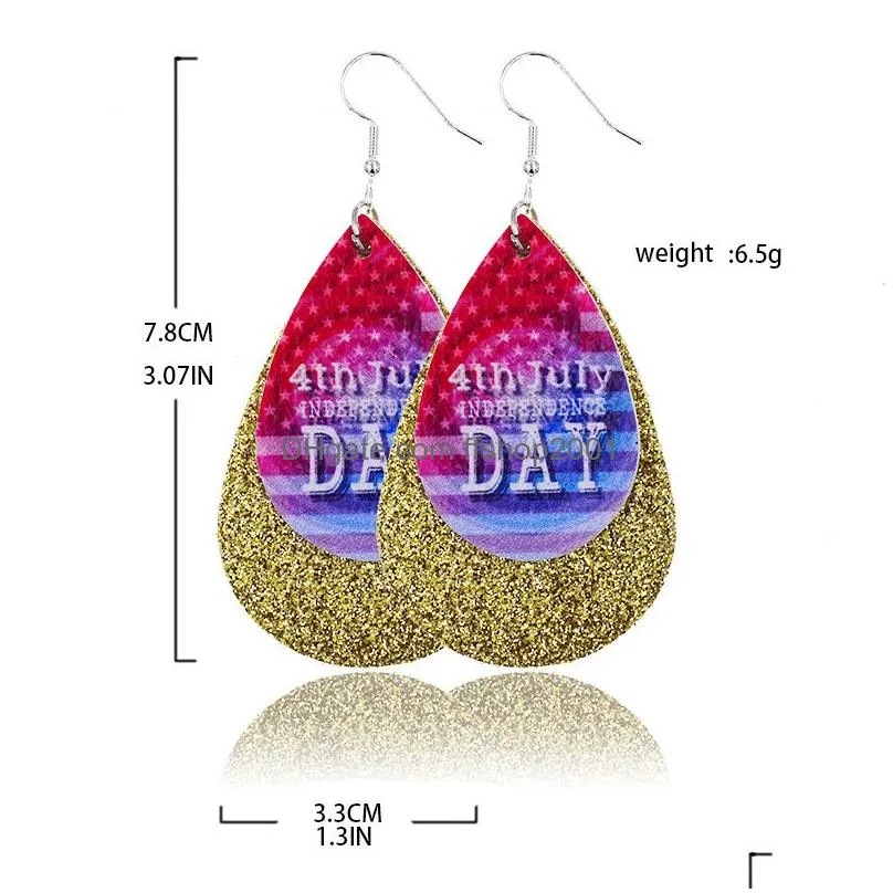 fashion independence day women pu leather earrings colorful teardrop double layer glitter earrings girls light weight jewelry gift