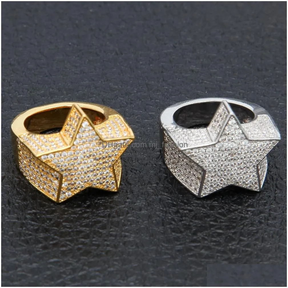 iced out diamond rings copper gold silver rosegold color plated cz star shape hip hop jewerly ring mens jewelry