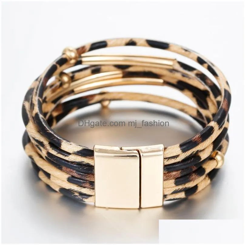 trendy leopard leather bracelets for women blink copper beads wraped multilayer magnetic clasp bracelet wholesale jewelry gift