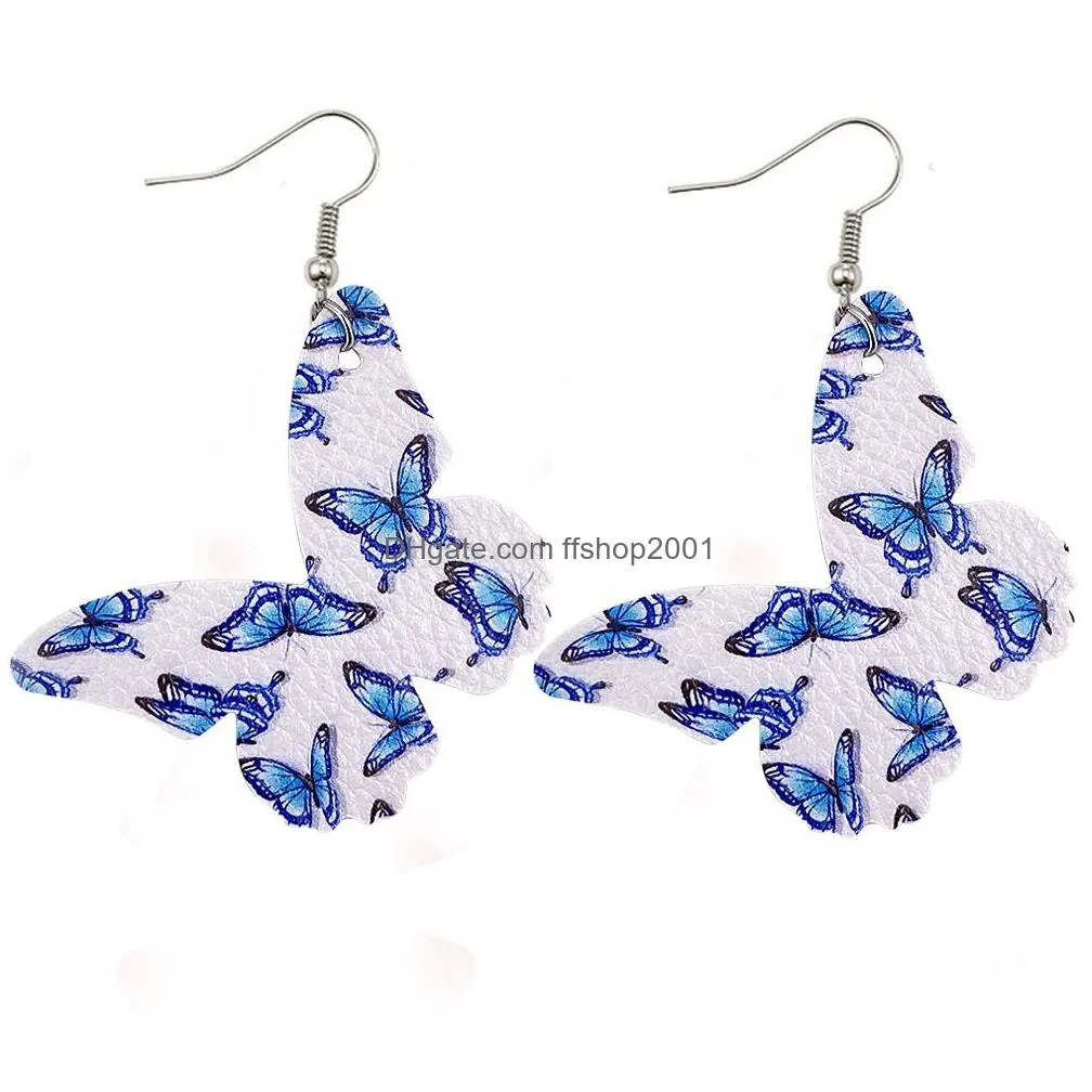  fashion designer pu leather earrings colorful butterfly pattern double side printed hook earrings for women summer jewelry