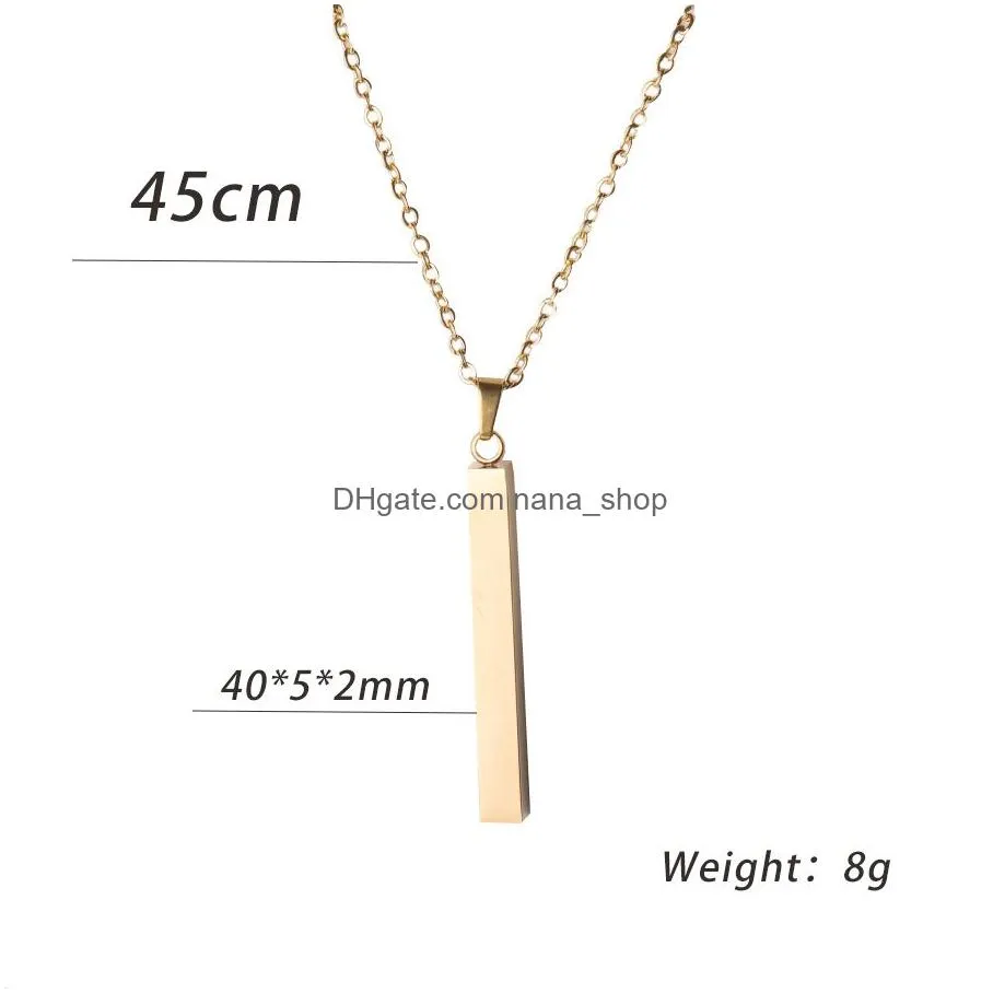 engraving 3d bar name necklace personalized text message simple design women customized dangle cuboid stick pendant necklaces stainless steel birthday