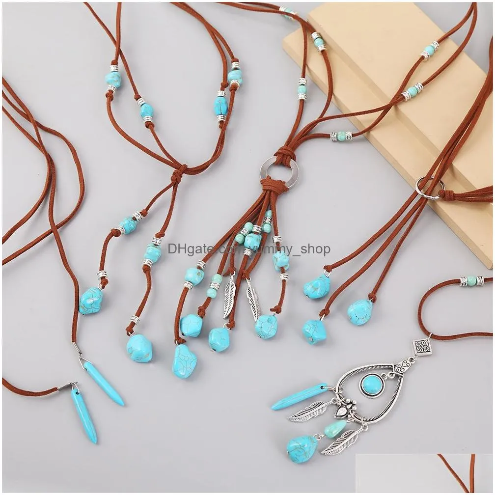 bohemian style retro turquoise jewelry set vintage dangle earrings korean velvet autumn and winter long sweater necklace female metal sliver ear hook
