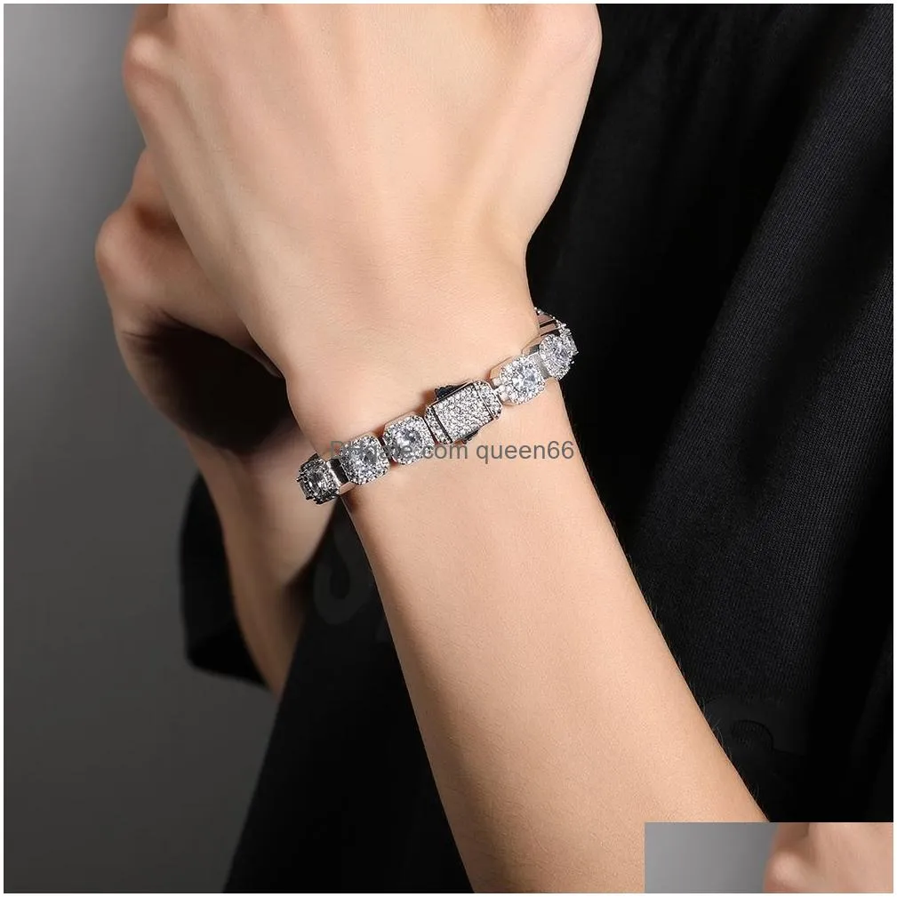 10mm flowerful square rock sugar geometric spring buckle punk bracelet cubic zirconia tennis lovely top quality hiphop necklace full iced out cz