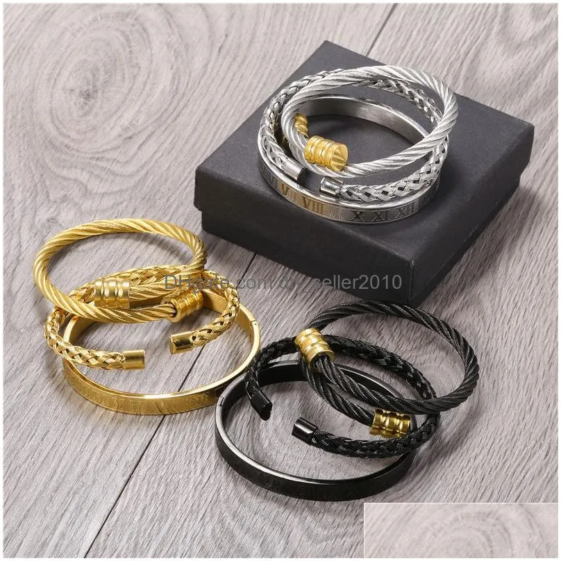 3pcs/set roman numeral mens bracelets stainless steel jewelry hemp rope buckle open bangles gold pulseira bileklik bracelet hip hop