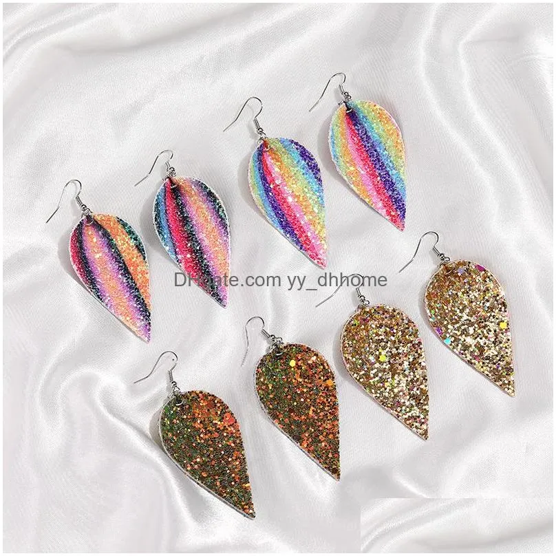  arrival fashion christmas pu leather leaf glitter dangle earring for women 6 colors sequin bling silver plating hook statement