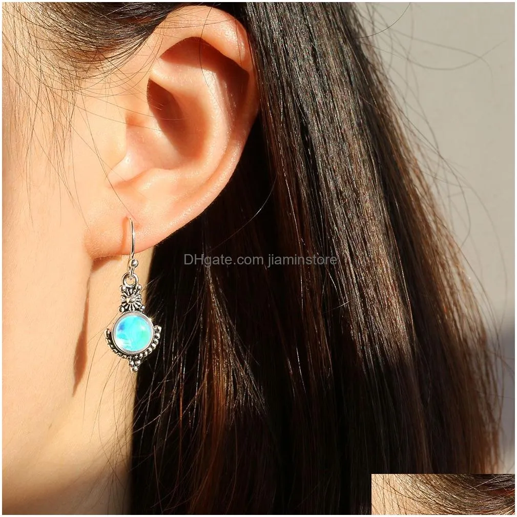 elegant moonstone dangle earring for women high quality vintage silver plating copper earring jewelry gift 2019