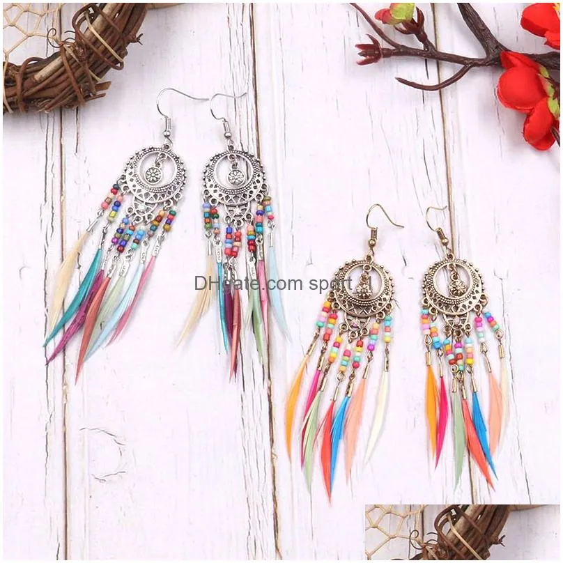 fashion golden silver vintage feather tassel dangle earrings for women long fringed hanging earring jewelry gifts