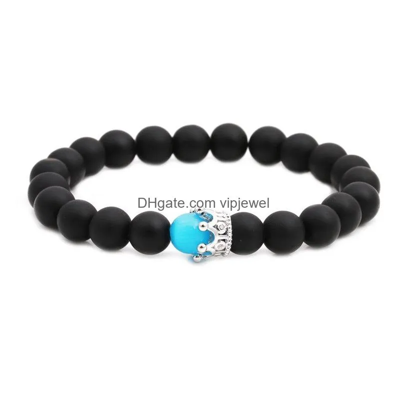 2pcs set fashion handmade black matte beads cats eye opal beads bracelet set creative crown bracelets for women and men