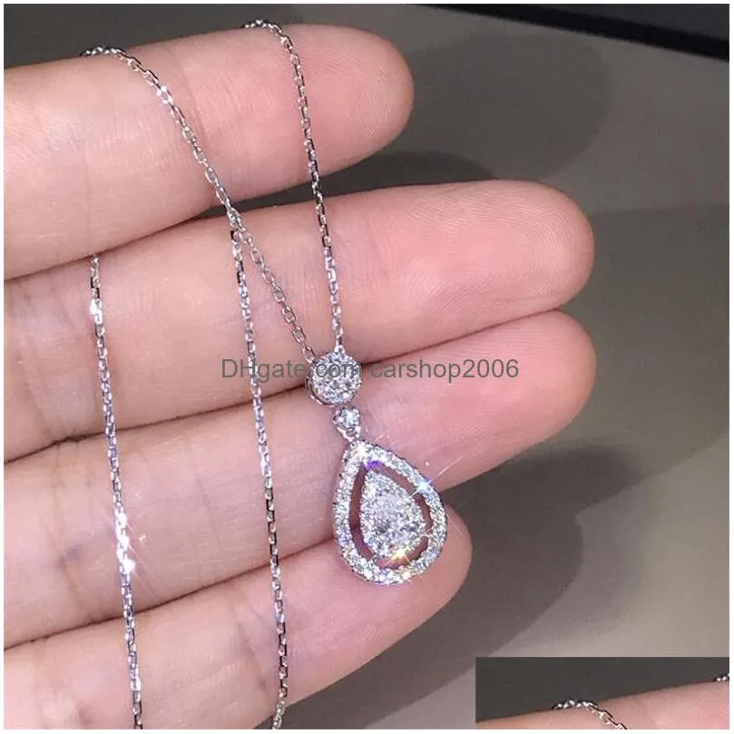 925 sterling silver rose gold fill drop water white topaz pear cz diamond women pendant chain necklace