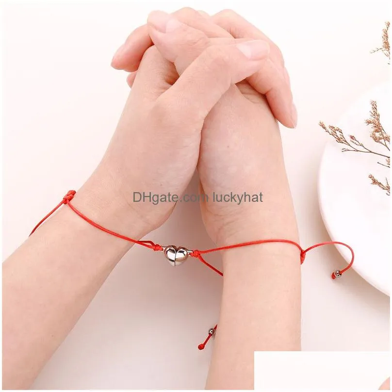 2pcs/set heartshaped magnet couple bracelet adjustable chain black red rope hand bracelet classic men women paired bracelets