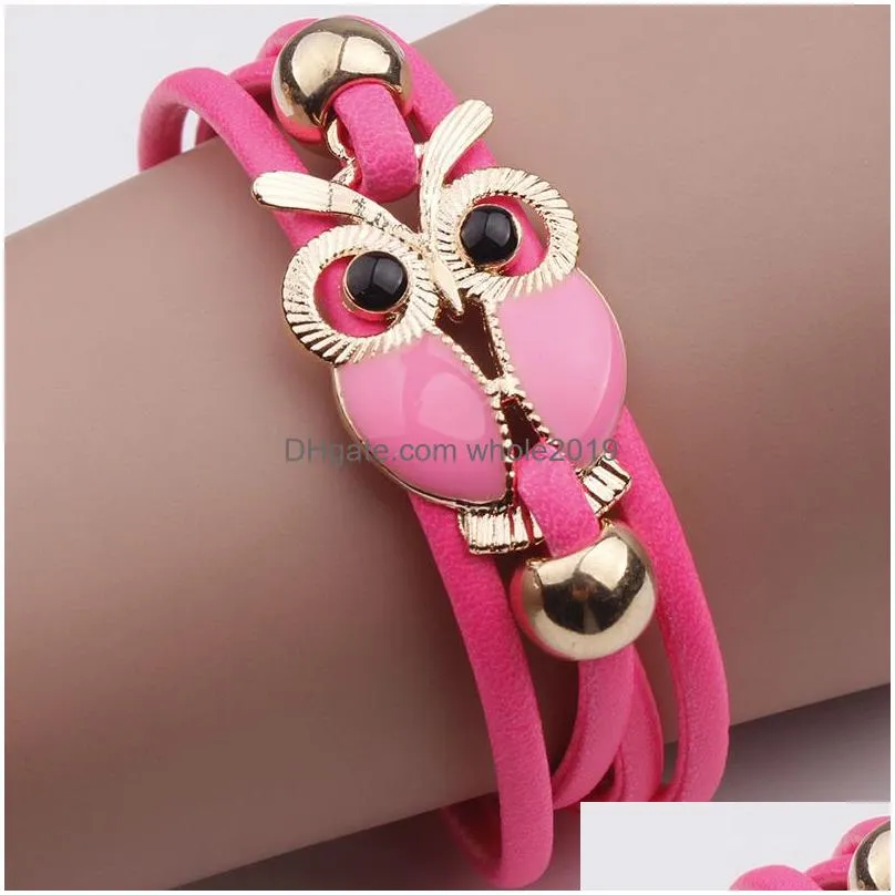 fashion pu leather bracelets for women and men creative handmade multilayer owl bracelet charm couple bracelet jewelry