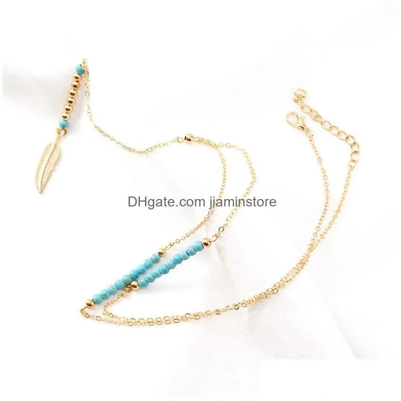 2019 new arrival blue beads feather pendant y shape chain necklece for women girl bohemian ethnic tassel long necklace jewelry