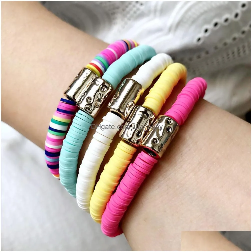 5pcs/set bohemian ethnic handmade bangle multicolor bracelet for women fashion copper beads bracelets soft pottery colorful holiday beach wristband