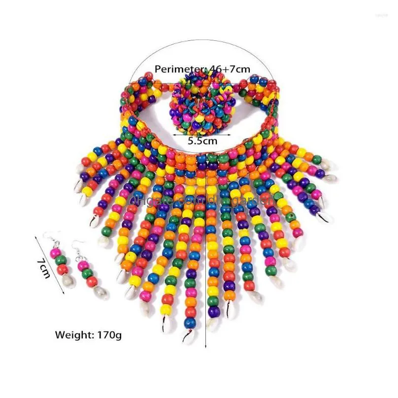necklace earrings set bohemian multicolor woods fashion for women beads shell tassel statement choker bracelets african
