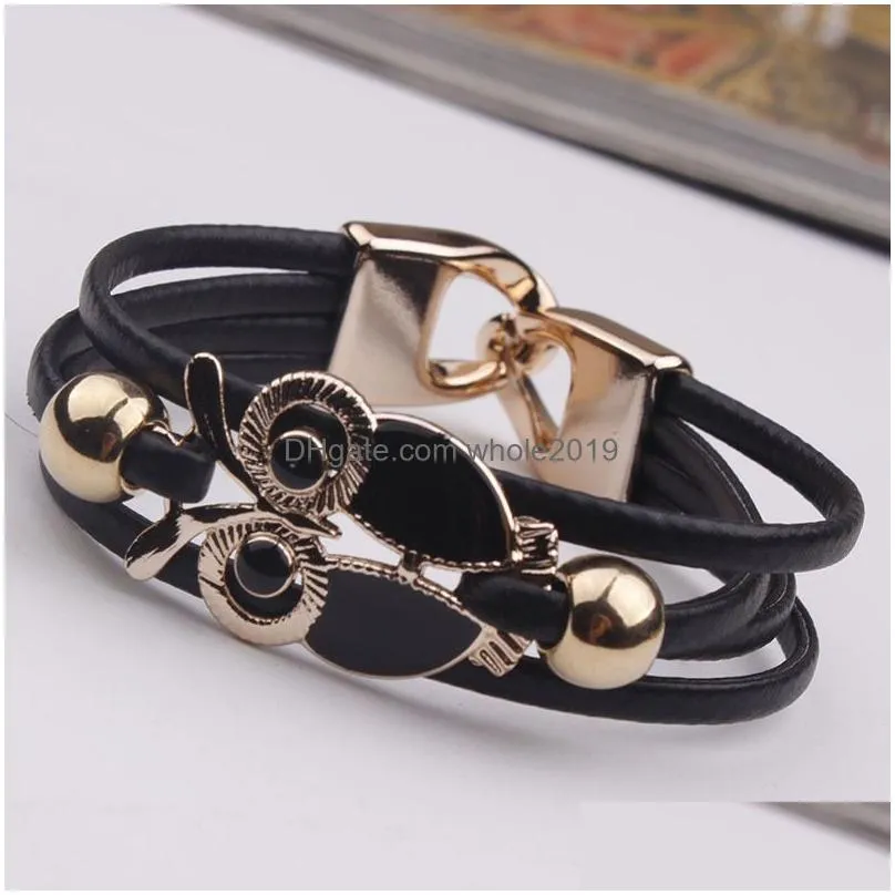 fashion pu leather bracelets for women and men creative handmade multilayer owl bracelet charm couple bracelet jewelry