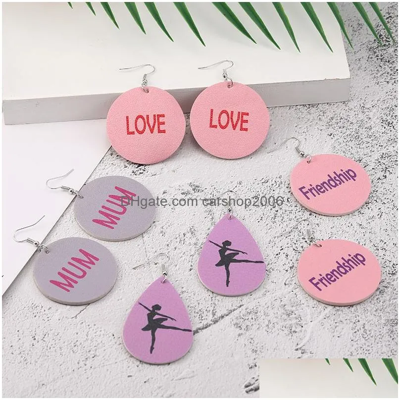 2020 unique designer pu leather dangle earrings for women girl mum love friendship dance printing earrings round waterdrop jewelry