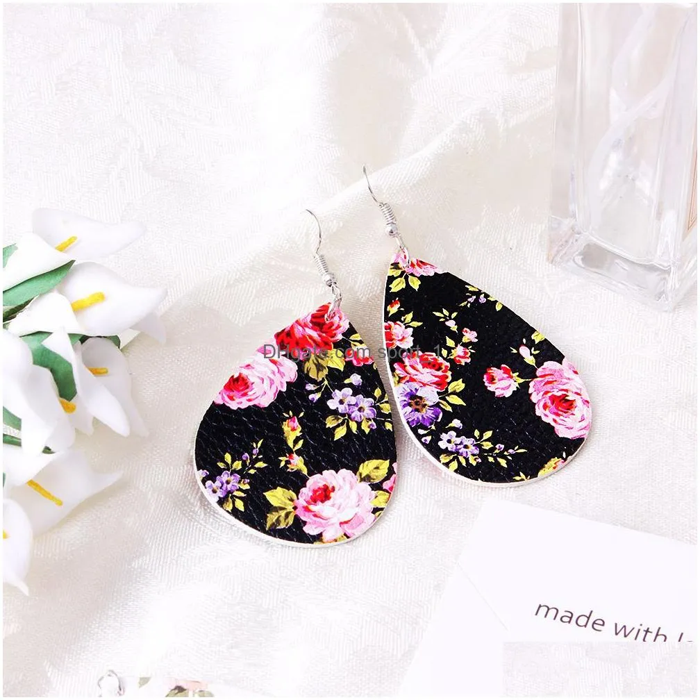 2019 trendy printing floral pu leather teardrop dangle earring 6 color boho style womens earring fashion jewelry gift