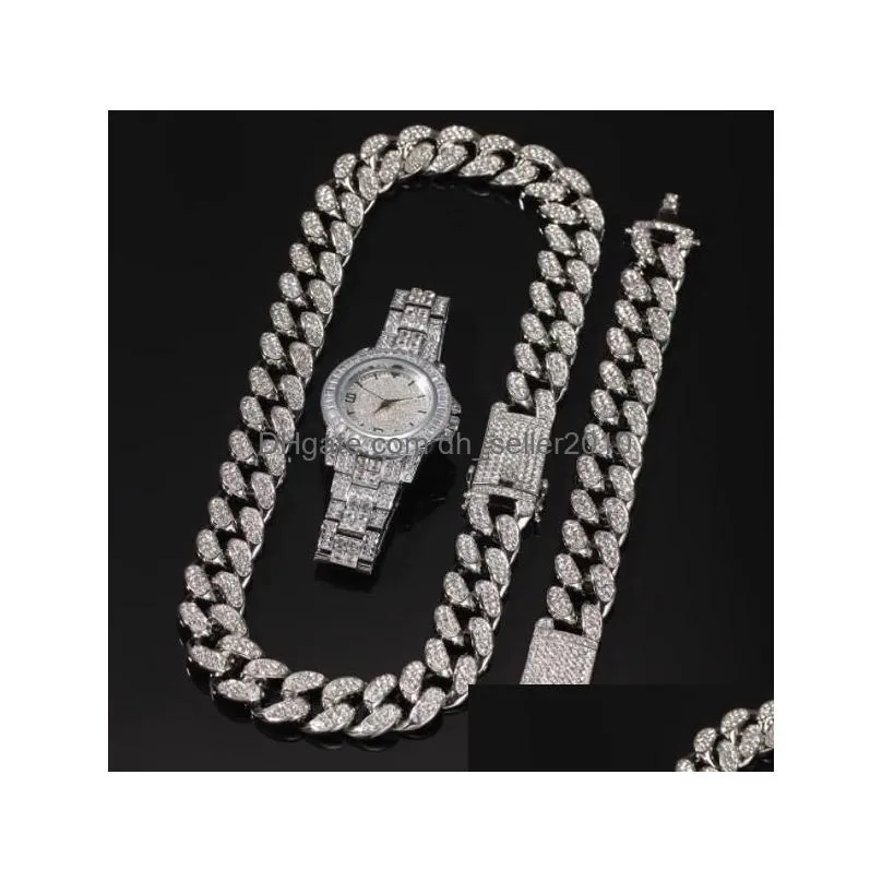 3pcs/set men hip hop iced out bling necklace bracelets watch cuban link chains necklaces hiphop jewelry sets