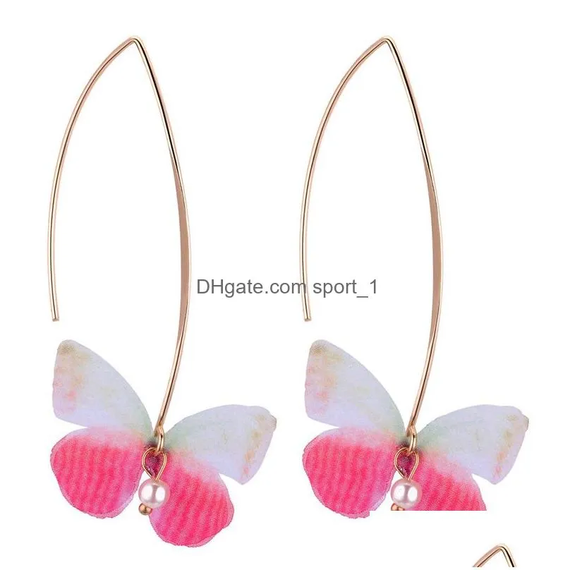 2019 colorful butterfly tulle imitation pearl dangle earrings for women girls fashion 6 color gold plating copper hook earing jewelry