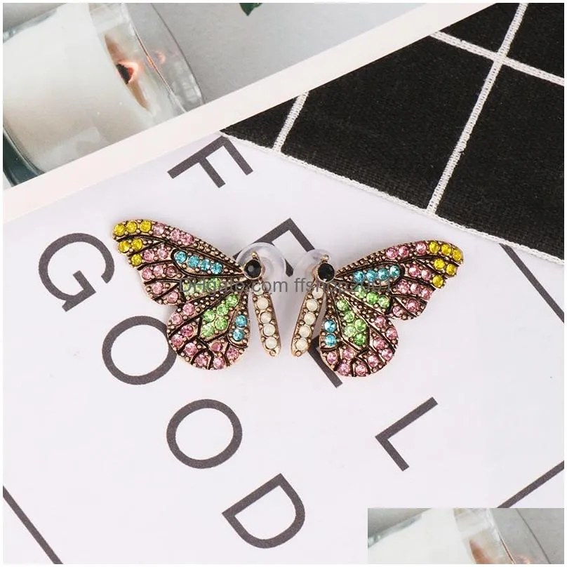  butterfly wing stud earring for women elegant colorful crystal ear nail simple temperament gold plating earring jewelry gift