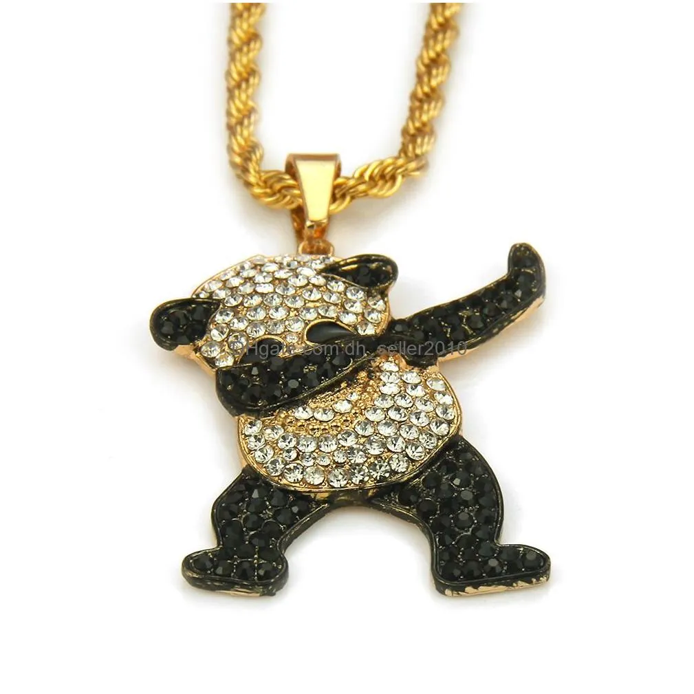 hip hop dancing funny animal panda iced out pendant with gold twist chain rock necklaces for mens jewelry gift