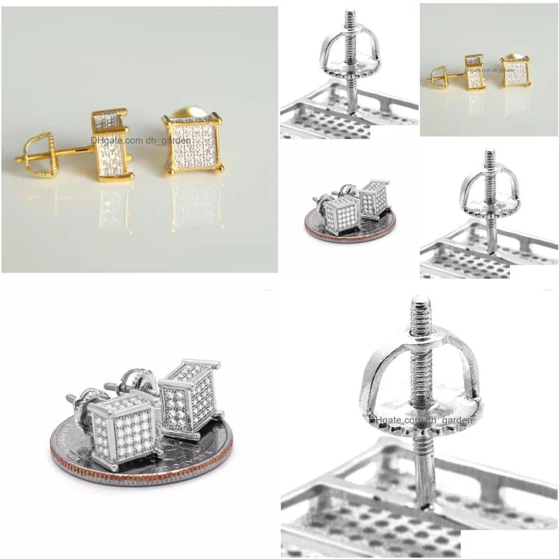 stud earrings promotion mens silver iced out tc cube box micro pave 925 sterling screw back 4 line