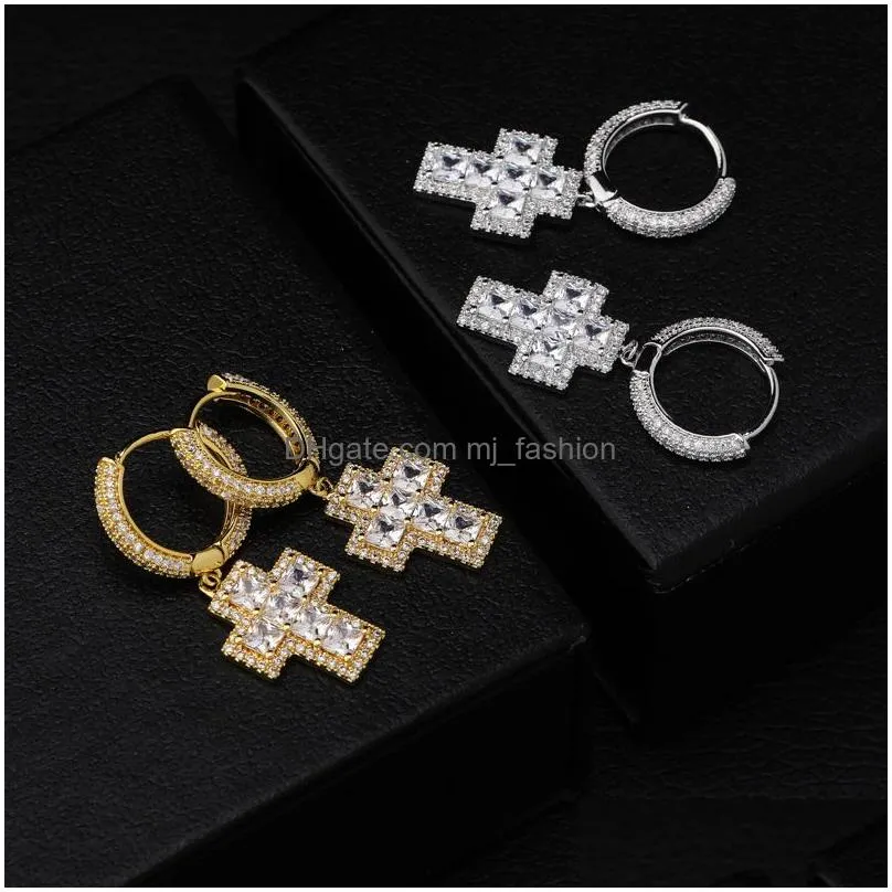 cubic zirconia hiphop cross earrings for mens new fashion gold plated jewelry women key dangle iced out diamond earings rings