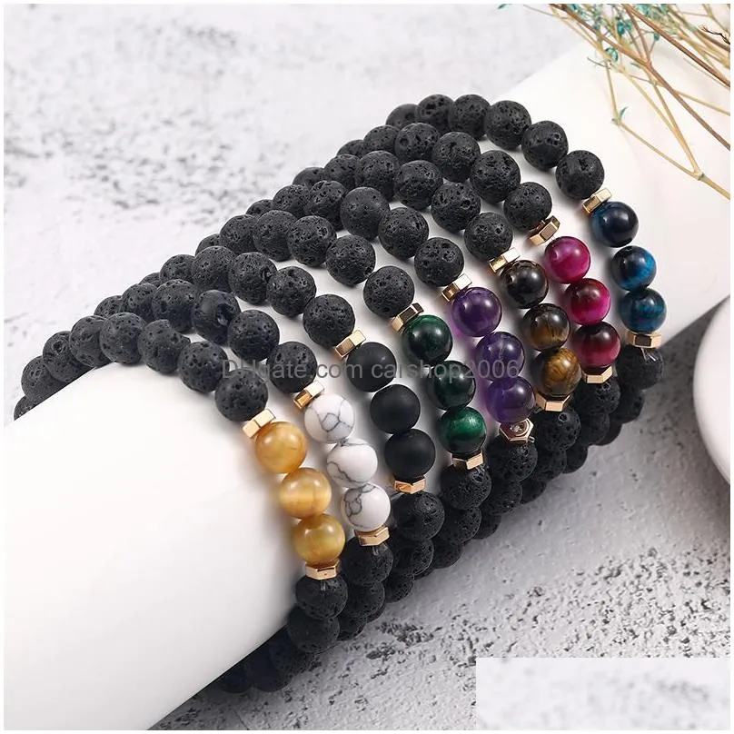 8mm high quality natural black volcanic stone beads charm bracelet for men handmade elastic tiger eye stone tbracelet fashion jewelry