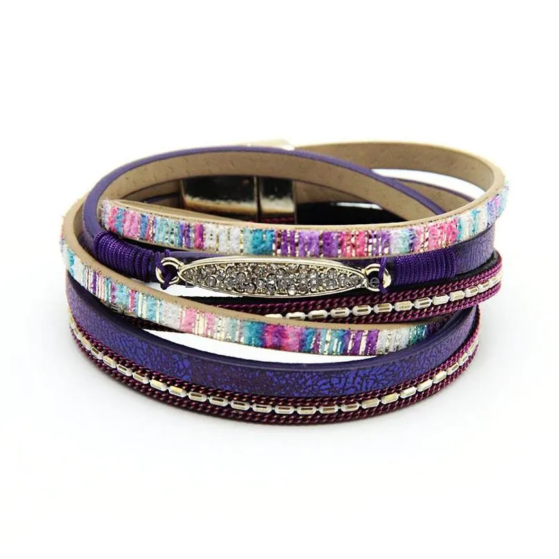 2019 bohemian ethnic winding magnetic buckle cuff bracelet for women men pu leather bracelet with crystal personalized jewelry gift