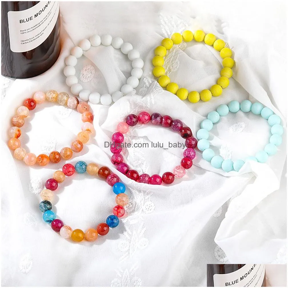 1pc 10mm agate natural stone strands bracelet on hand fashion frosted glass beaded bangle bracelet for women with wish card jewelry