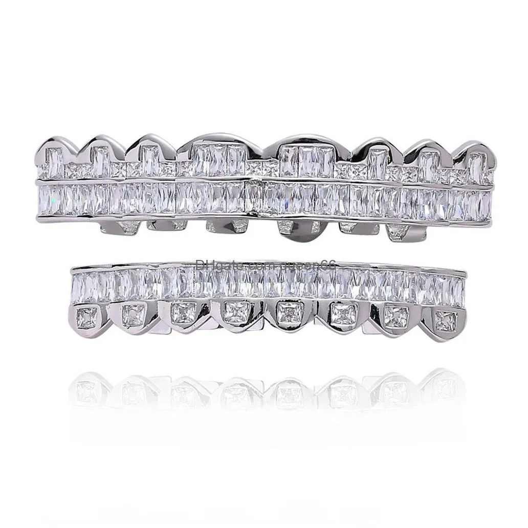 8 teeth square zirconium gold plated with diamond tooth grillz silver color bling aaa cubic zircon grills dental mouth hip hop fashion jewelry rapper