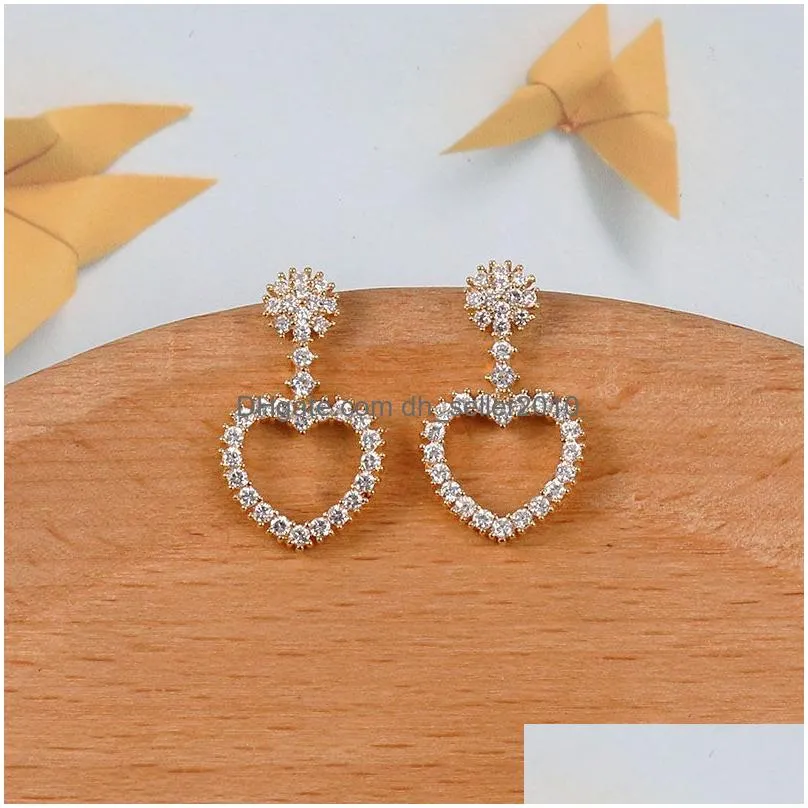 new hollow heart cubic zirconia dangle earring for women girl elegant cz micro pave 925 silver earring pin bride wedding party jewelry
