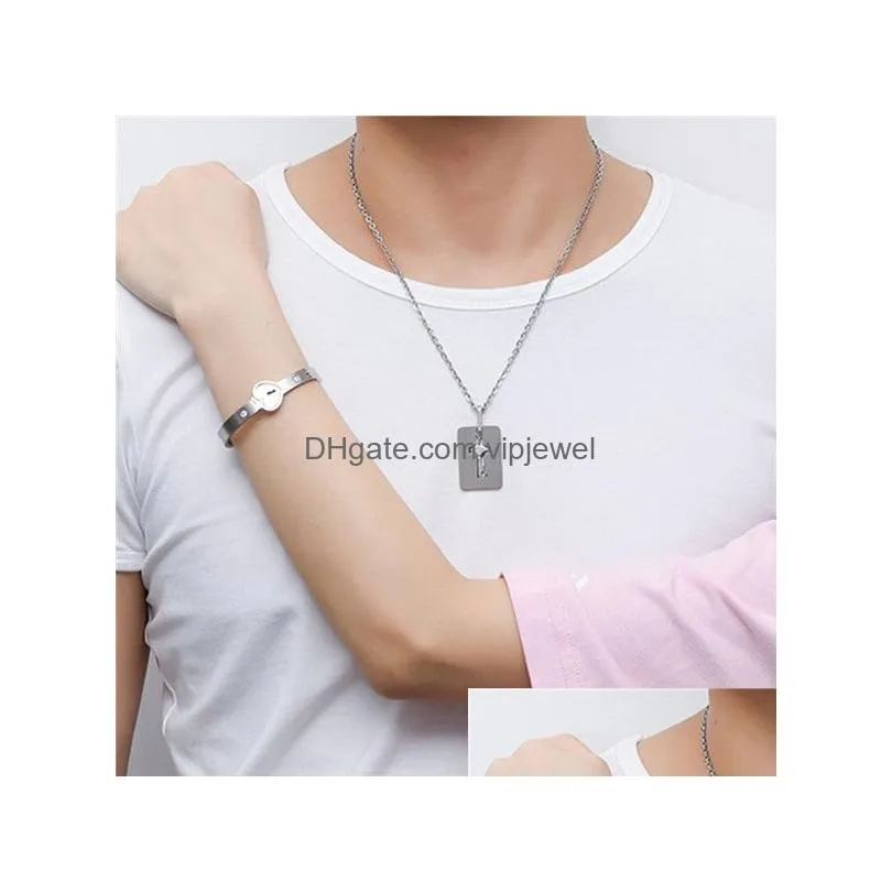 fashion love lock jewelry sets creative stainless steel key pendant necklace lock heart bracelet charm couple jewelry