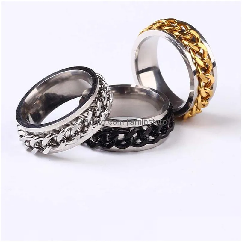vintage stainless steel chain rotating rings personalized anti anxiety fidget band ring for women men rings trendy jewelry gift black sliver