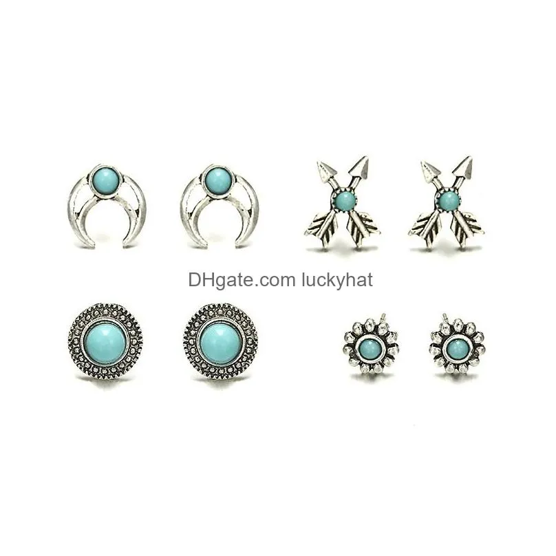 arrival 4pcs set turquoise arrow stud earring set for women bohemian crescent cross shape earring fashion jewelry set