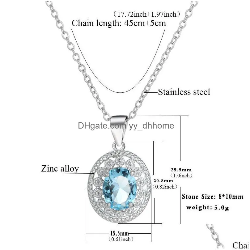 2021 est arrival blue crystal glass round gemstone pendant necklace for women silver stainless steel chain fashion wedding jewelry