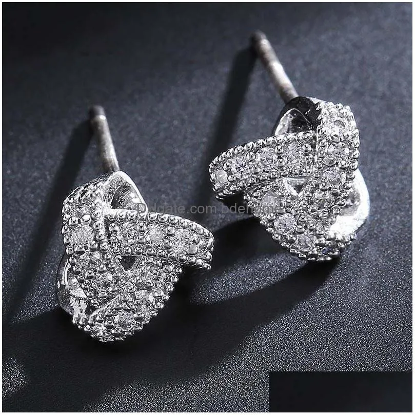 fashion korean designer 925 silver needle knot stud earrings for women girl cubic zirconia earring elegant bride wedding party